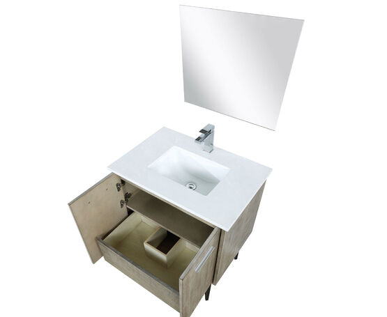 Lexora Lancy 30" Rustic Acacia Bathroom Vanity, White Quartz Top, White Square Sink, Balzani Gun Metal Faucet Set, and 28" Frameless Mirror - Lexora - Ambient Home